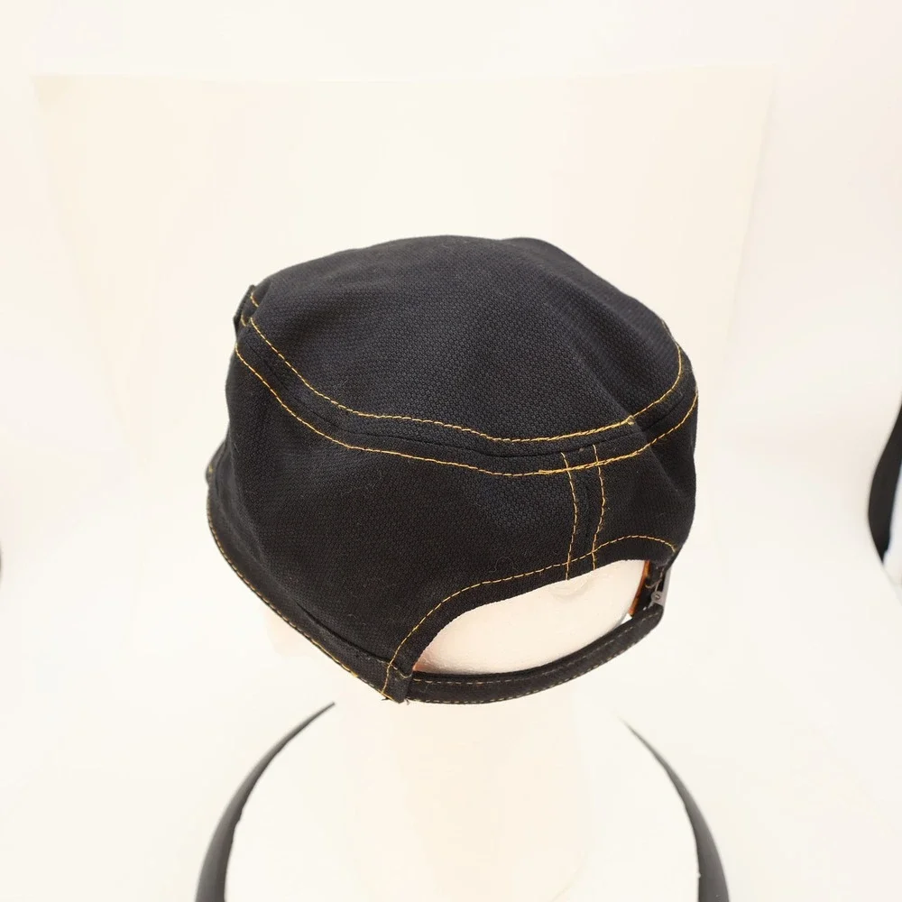Harley Davidson Mens Black Canvas Military Cadet Hat Orange Contrast Stitching